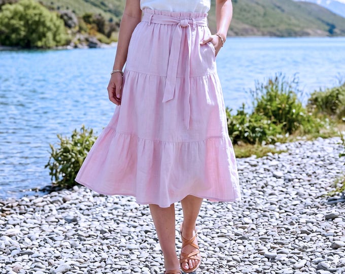 Anysize Custom 100% Linen Tiered Skirt Women Elastic Waist Midi Skirt Belted Linen Skirt Flowy Summer Skirt With Pockets Plus Size F58WL