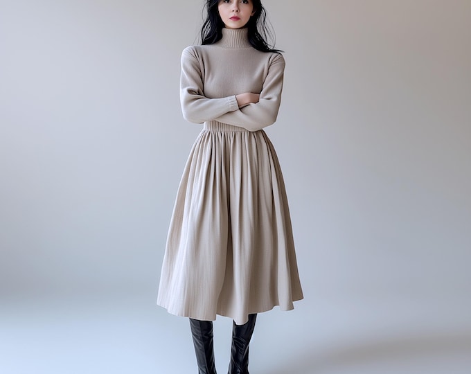 Anysize custom elastic waist classic midi skirt with side pockets spring fall plus size linen cotton skirt plus size clothing F800N