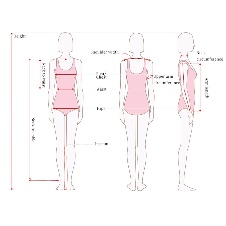Pu&ograve; includere: Diagramma che illustra le misure del corpo per la progettazione di abbigliamento. L'immagine presenta tre figure: vista frontale, posteriore e laterale. Le linee di misurazione indicano altezza, collo a vita, collo a caviglia, larghezza spalle, busto/petto, vita, fianchi, interno gamba, circonferenza braccio, circonferenza collo e lunghezza braccio.