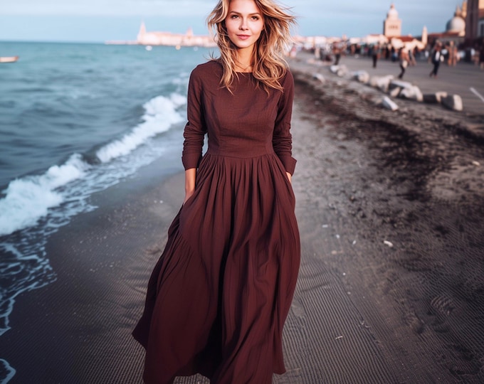 Anysize custom linen cotton maxi dress with pockets full skirt spring fall winter plus size zipper dress plus size clothing F73PN