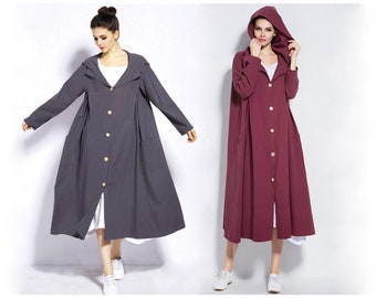 Anysize  hooded fold texture linen coat linen cotton spring fall winter coat plus size clothing plus size dress Y79N