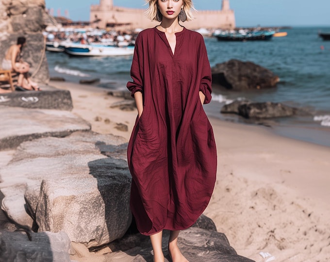 Anysize custom V necck long sleeves linen cotton plus size loose dress with pockets spring fall retro plus size clothing F2SN