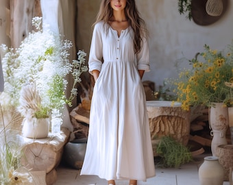 Anysize custom long sleeves linen cotton plus size dress with functional buttons side pockets spring fall retro plus size clothing F685N