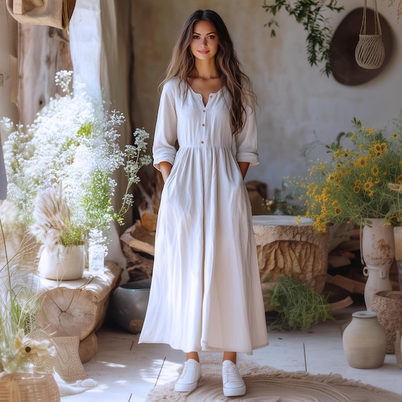 Anysize custom long sleeves linen cotton plus size dress with functional buttons side pockets spring fall retro plus size clothing F685N