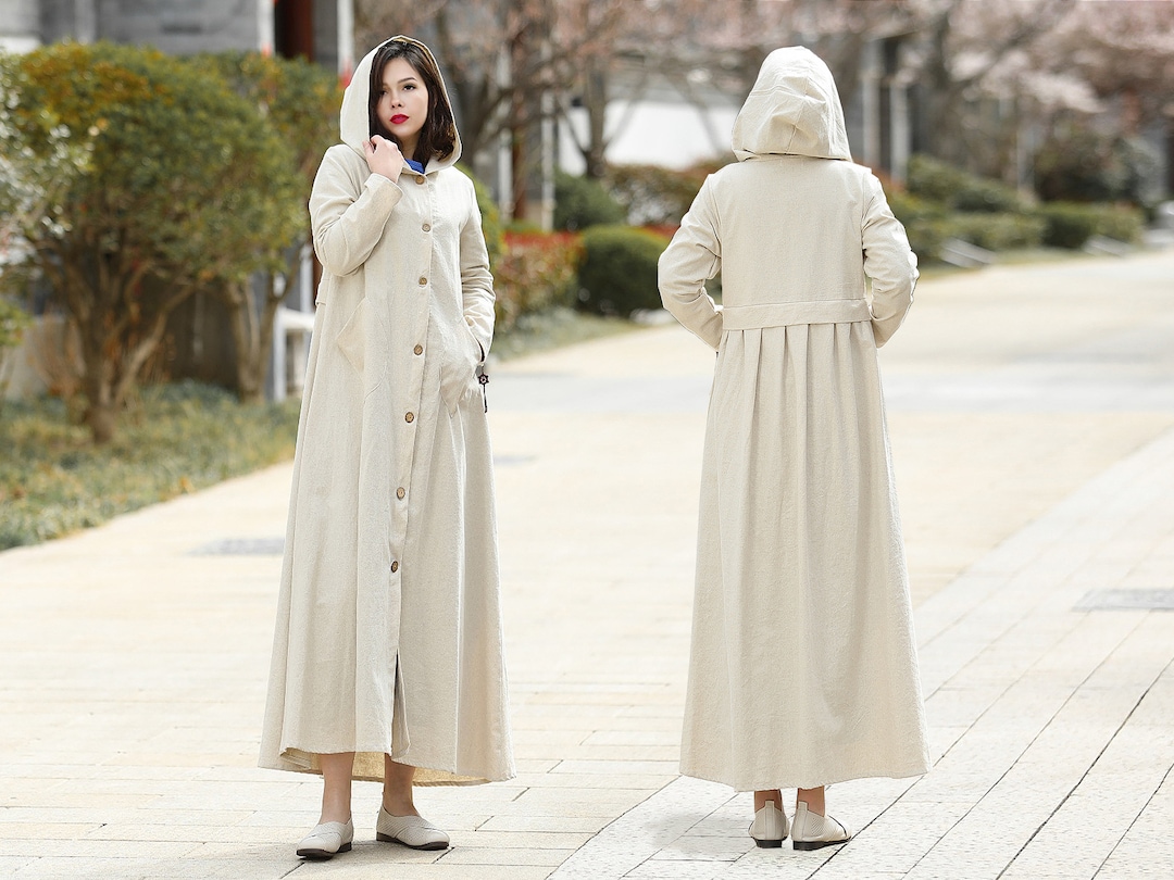 Anysize 100% Linen Hooded Coat Spring Fall Maxi Loose Windbreaker