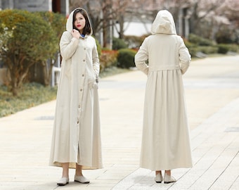 Anysize 100% linen hooded coat spring fall maxi loose windbreaker duster jacket plus size clothing plus size dress F326L