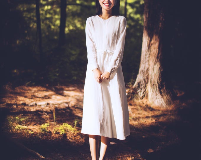 Anysize custom 100% linen long sleeves dress belted dress with pockets spring summer fall plus size dress plus size clothing F5JL