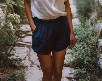 Anysize custom elastic waist 100% linen shorts with pockets casual loose shorts classic shorts pants customized plus size shorts F70YL