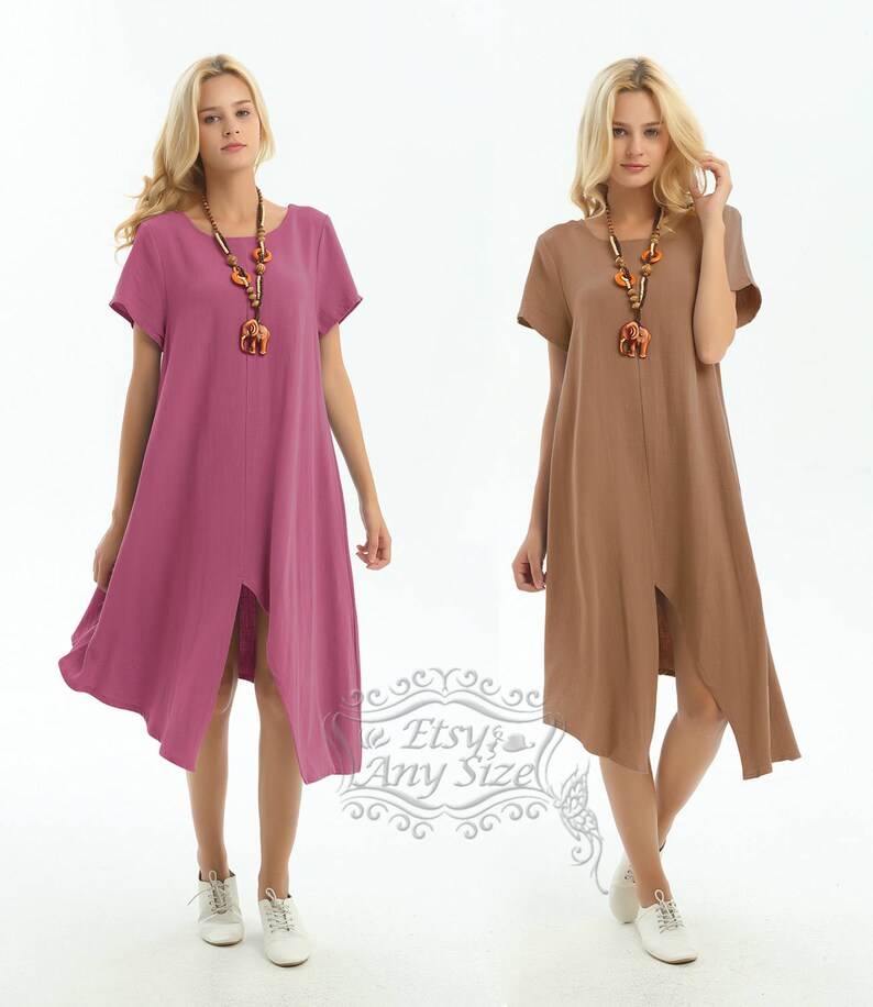 Anysize spring summer soft linen cotton dress with front slit short-sleeved version plus size dress plus size clothing Y355