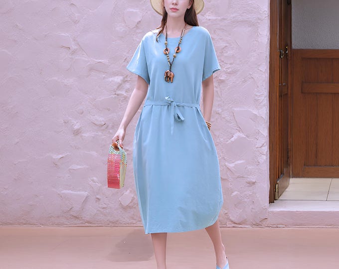 Anysize soft linen cotton midi dress with side pockets waist belt short sleeves plus size dress  plus size clothing  F18DQ