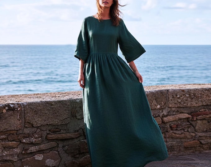 Anysize Custom 100% Linen Maxi Dress Natural Waist Gathered Dress 3/4 Wide Sleeve Loose A Line Summer Dress Plus Size Dress F46UL