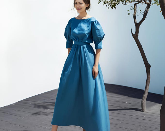 Anysize custom 3/4 puff sleeves 100% linen maxi dress with side pockets belted retro loose spring summer fall plus size dress F91AL