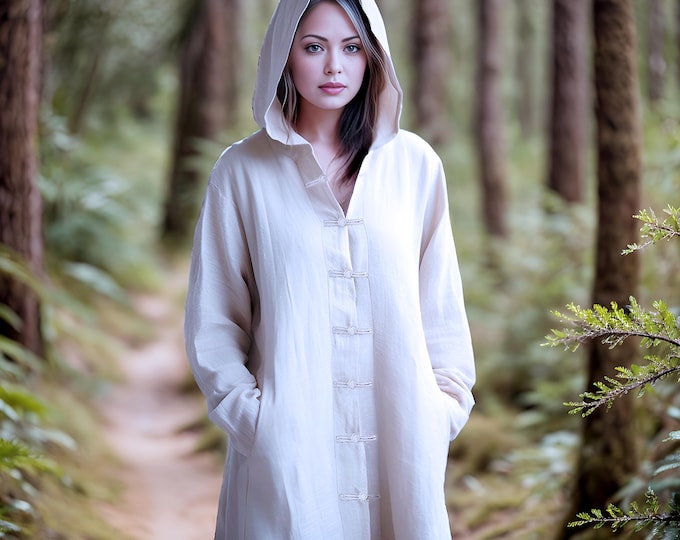 Anysize custom hooded soft linen cotton coat with handmade buttons spring fall winter jacket plus size clothing plus size coat F559BE