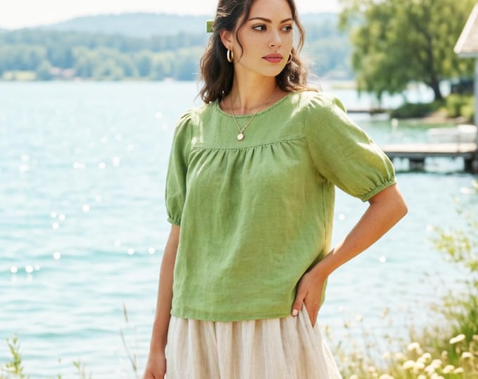 Anysize Custom 100% Linen Round Neck Blouse Minimalist Summer Top Loose Fit Puff Sleeves Linen Shirt Plus Size Clothing F66WL