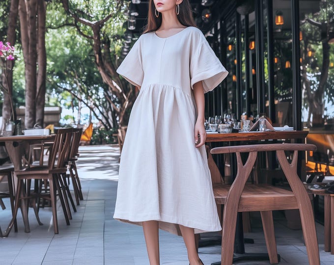 Anysize soft linen cotton Lotus leaf sleeves midi dress spring summer loose dress plus size dress plus size clothing F99CQ