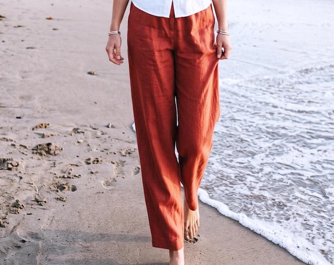 Anysize Custom 100% Linen Pants Women Elastic Waist Pants With Pockets Causul Linen Trousers Summer Pants Plus Size Pants F75WL