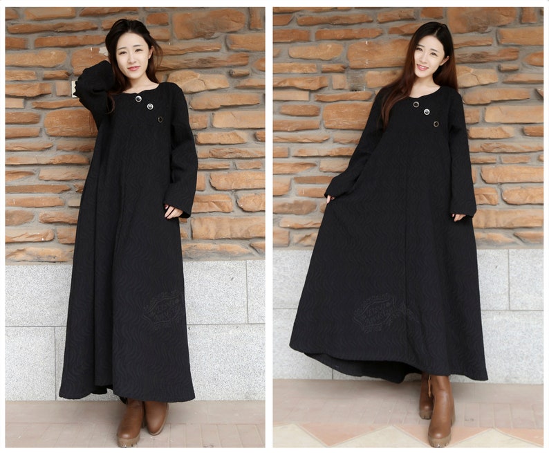 Anysize ripple jacquard elegant and graceful loose hem linen cotton fall dress winter warm dress plus size dress plus size clothing F33A 