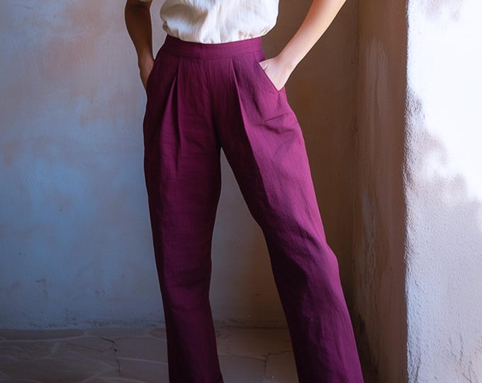 Anysize custom 100% linen pleated back elastic waist pants with pockets casual loose spring summer plus size pants plus size clothing F94CL