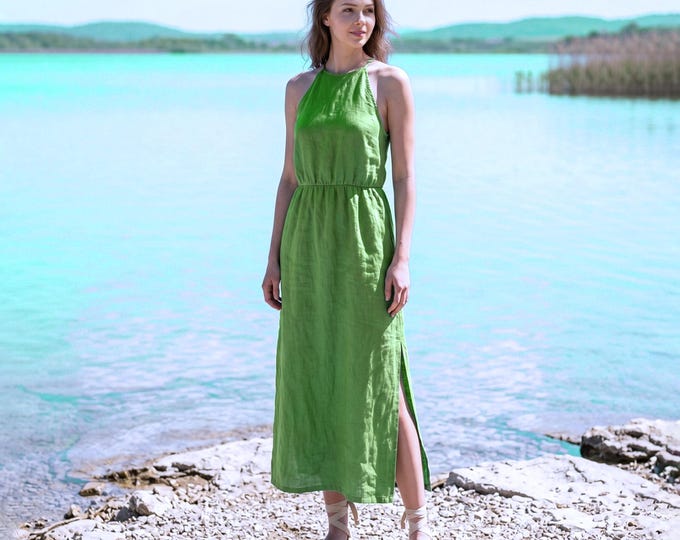 Anysize Custom 100% Linen Halter Dress Sleeveless Summer Dress Side Slit Maxi Dress Back Button Dress Vacation Dress with Pockets F19WL