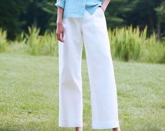 Anysize custom 100% linen elastic waist trousers with pockets casual loose spring summer plus size pants plus size clothing F23JL