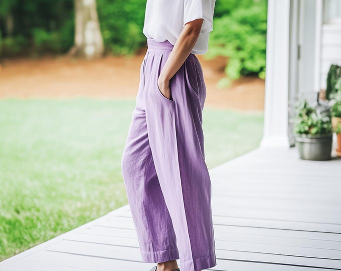 Anysize custom 100% linen pleated elastic waist trousers with pockets casual loose spring summer plus size pants plus size clothing F72CL