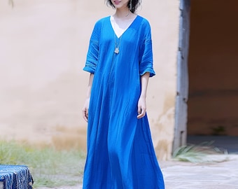 Anysize custom V-neck 100% linen casual loose dress with side pockets spring summer maxi linen plus size dress plus size clothing F484L