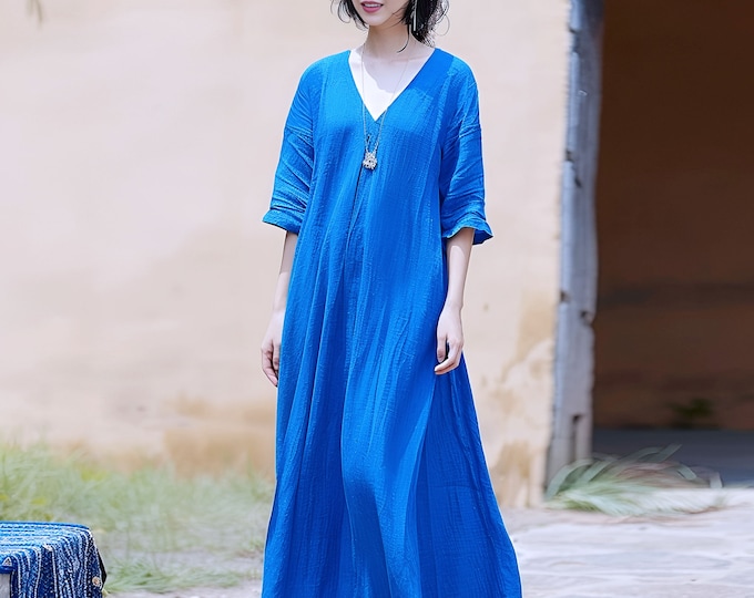 Anysize custom V-neck 100% linen casual loose dress with side pockets spring summer maxi linen plus size dress plus size clothing F484L