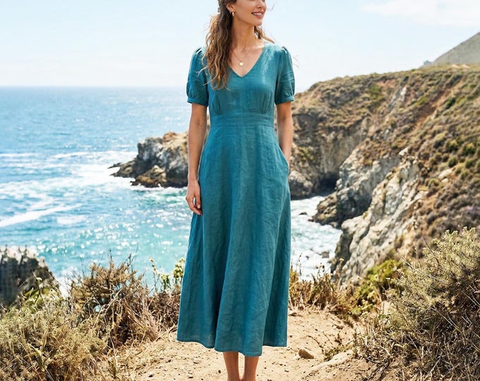 Anysize Custom 100% Linen Dress Women V Neck Dress Short Sleeve A Line Summer Dress Beach Vacation Boho Plus Size Linen Dress F95UL