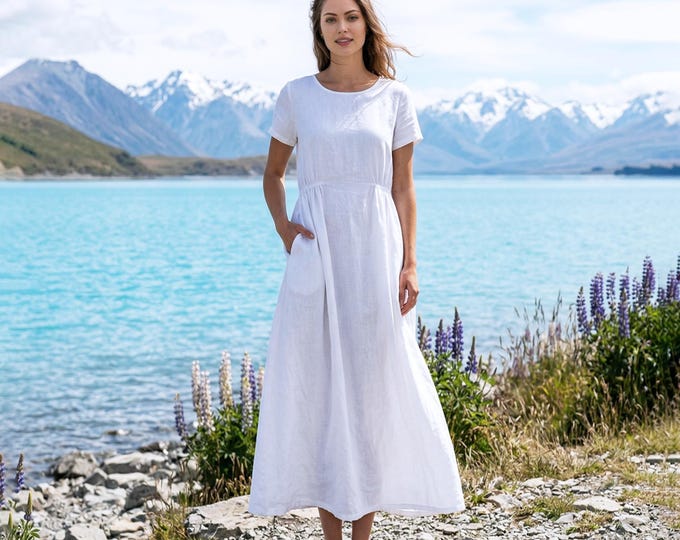 Anysize Custom 100% Linen Dress for Women A-Line Dress Sides Pleated Waist Casual Summer Dress with Pockets Plus Size Clothing F80VL