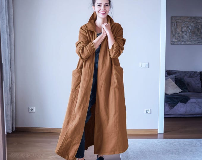 Anysize collared linen cotton coat with patch pockets long sleeves spring fall winter jacket plus size clothing plus size coat F99YN