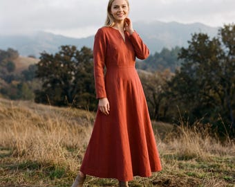 Anysize Custom 100% Linen V Neck Dress Long Sleeve Maxi Dress with Pockets Back Zipper Plus Size Dress Plus Size Clothing F73HL