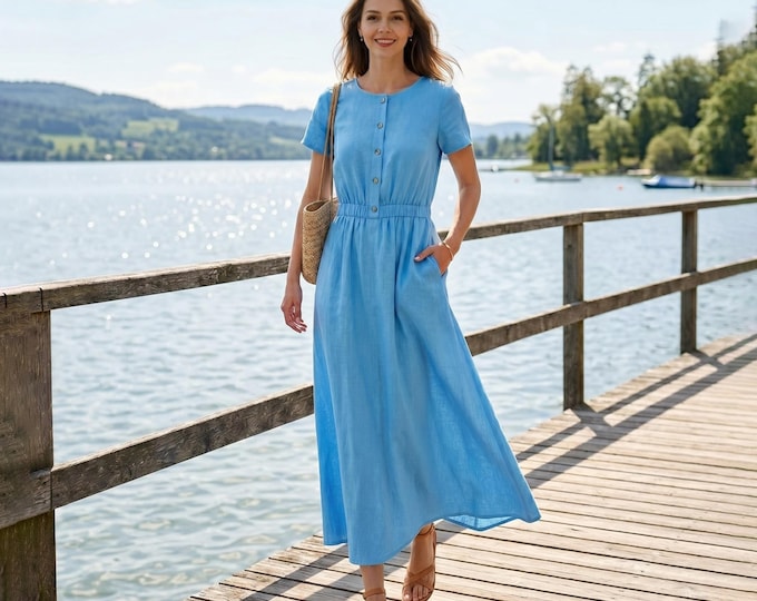 Anysize Custom 100% Linen Button Front Summer Dress Elastic Waist Casual Dress with Pockets Short Sleeve Everyday Plus Size Dress F96VL