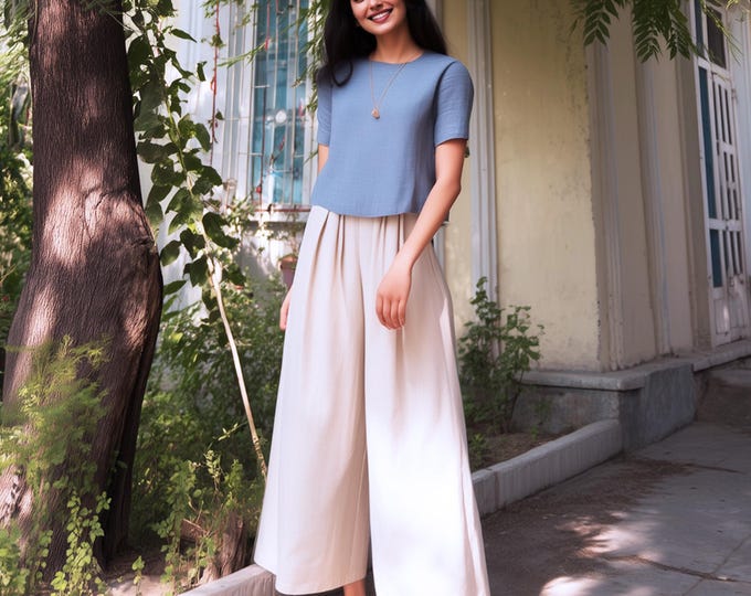 Anysize custom 100% linen wide leg pants with side pockets elastic waist spring summer plus size pants plus size clothing F17JL