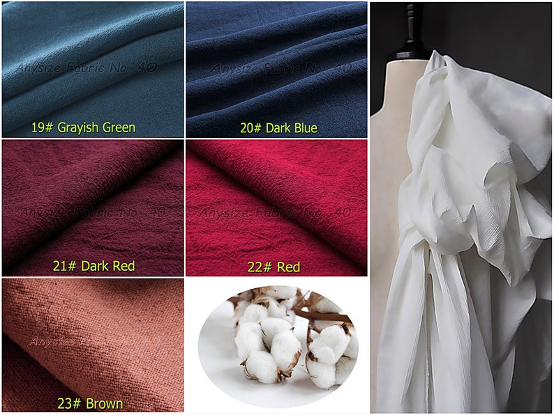 May include: A collection of fabric swatches in various colors, including grayish green, dark blue, dark red, red, and brown. The swatches are labeled with their corresponding color names and numbers. The image also includes a white fabric swatch draped over a mannequin.