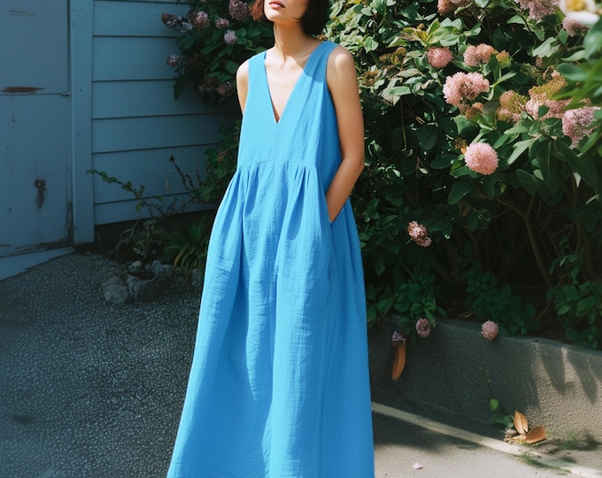 Anysize custom 100% linen V-neck sleeveless loose maxi dress with side pockets spring summer plus size dress plus size clothing F57YL
