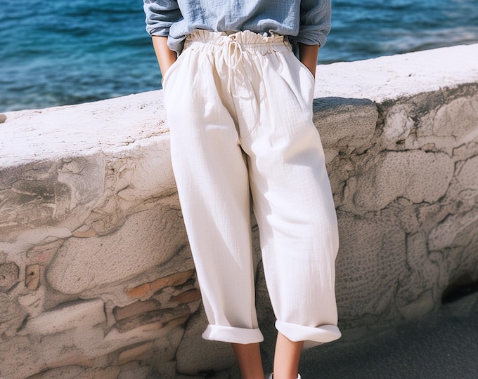 Anysize Custom Pants Spring Fall Linen Cotton Trousers With Elastic Waist Side Pockets Casual Loose Plus Size Pants Plus Size Clothing F30SN