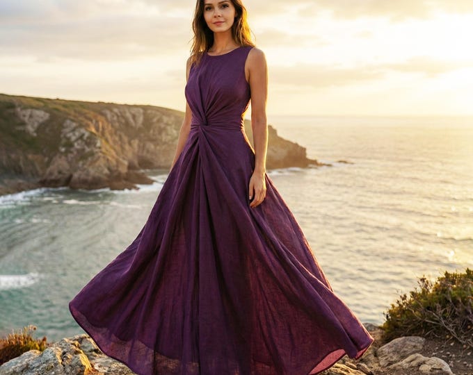 Anysize Custom 100% Sleeveless Linen Maxi Dress Twist Front Open Back Dress Elegant Women’s Dress Plus Size Dress F24UL