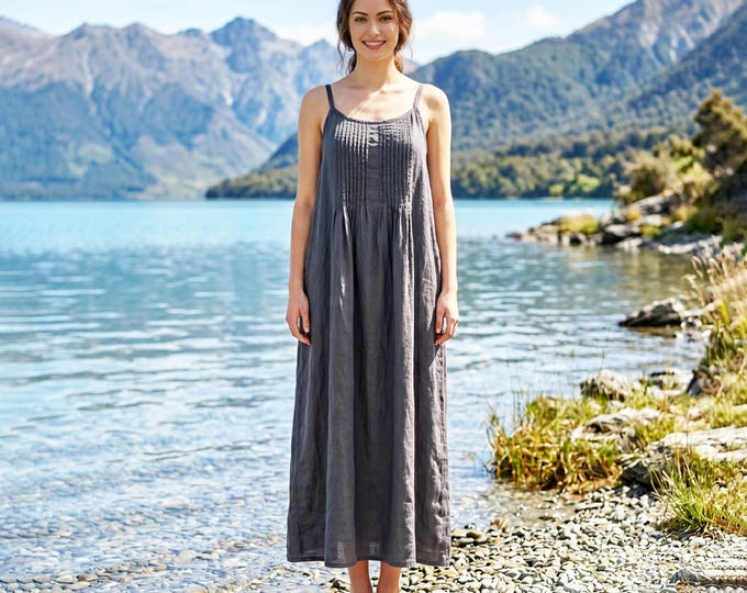 Anysize Custom 100% Linen Sleeveless Spaghetti Strap Dress Pleated Front Dress Loose Fit Summer Casual Vacation Dress With Pockets F49WL