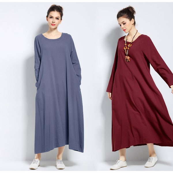 Anysize with side pockets long sleeves soft linen cotton loose dress spring summer maxi dress plus size dress plus size clothing F146A