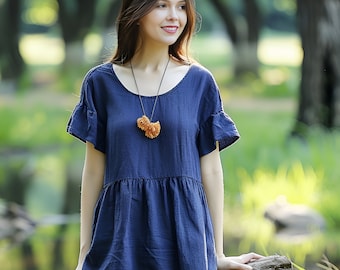 Anysize custom flare sleeves 100% linen pleated loose tops linen t-shirts summer plus size tops plus size clothing F480L