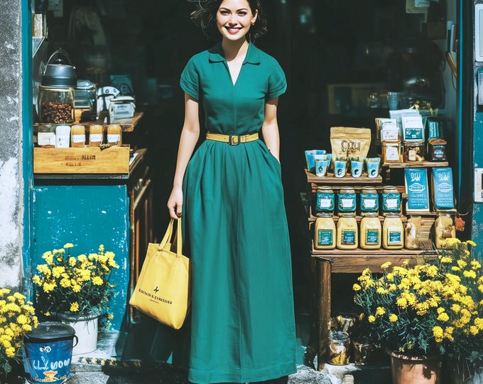Anysize custom V neck 100% linen short sleeves maxi dress with side pockets retro loose spring summer fall plus size dress F39RL