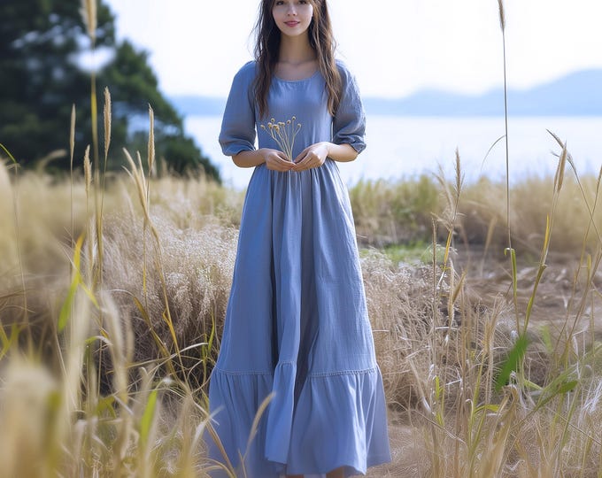 Anysize custom 3/4 sleeves dress 100% linen maxi dress with side pockets retro loose spring summer plus size dress plus size clothing F58AL