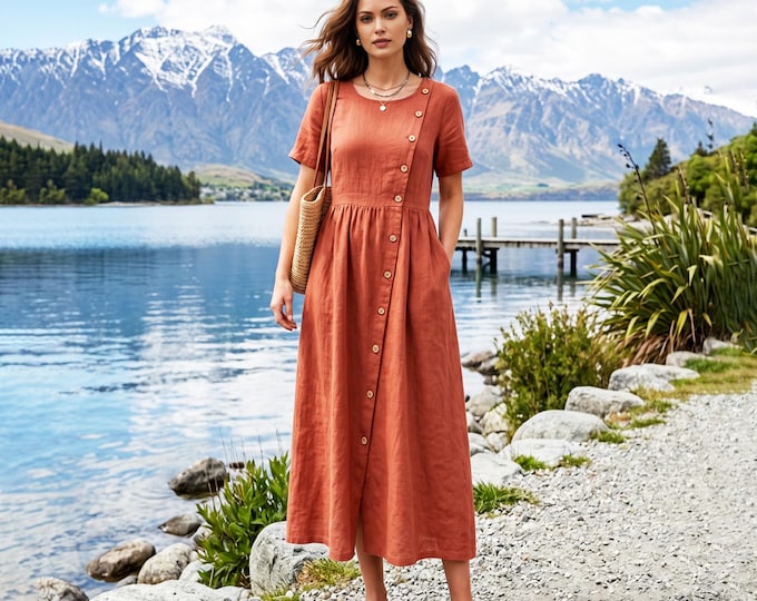 Anysize Custom 100% Linen Asymmetric Button Detail Dress A-Line Dress Loose Fit Summer Plus SIze Dress with Pockets F89VL