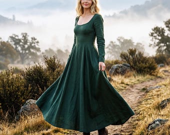 Anysize Custom Soft Linen Cotton Long sleeves Maxi Dress Scoop Neck Side Zipper Long Sleeve Dress Side Pockets Plus Size Clothing F30HE