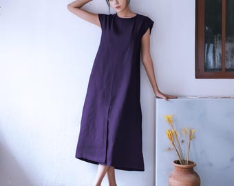 Anysize custom 100% linen round neck dress cap sleeves summer maxi dress with side pockets plus size dress plus size clothing F48JL