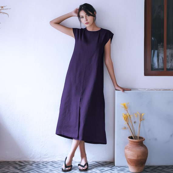 Anysize custom 100% linen round neck dress cap sleeves summer maxi dress with side pockets plus size dress plus size clothing F48JL