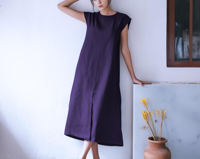 Anysize custom 100% linen round neck dress cap sleeves summer maxi dress with side pockets plus size dress plus size clothing F48JL