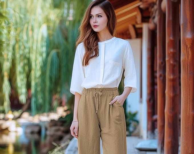 Anysize custom linen cotton shirt with 3/4 sleeves hidden buttons plus size blouse plus size tops plus size clothing spring fall tops F592N