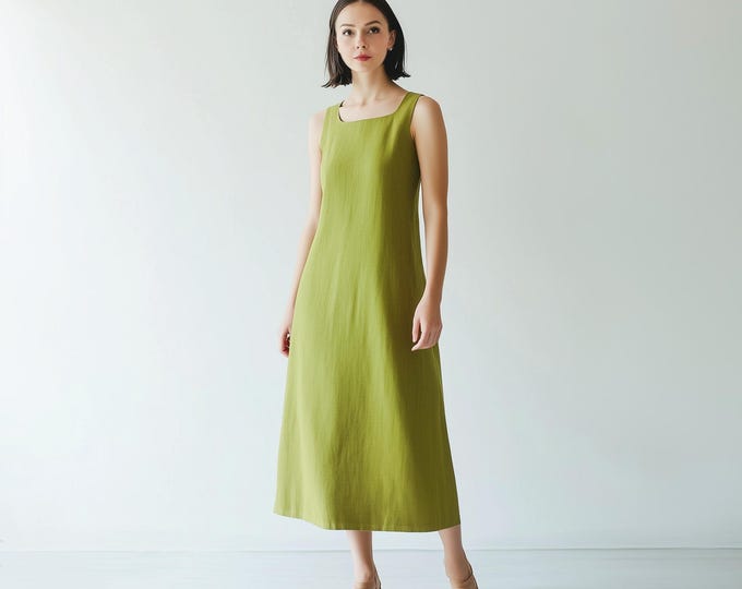 Anysize soft linen cotton square neck dress sleeveless with side pockets spring summer loose dress plus size dress plus size clothing F87CQ