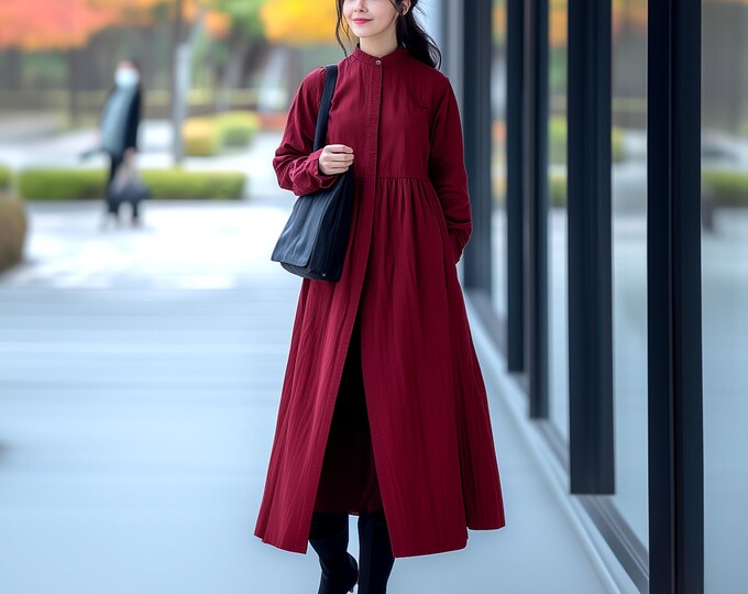 Anysize custom linen cotton coat long sleeves with pockets jacket spring fall plus size coat plus size clothing F674N